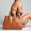 grace camel leather handbag on model