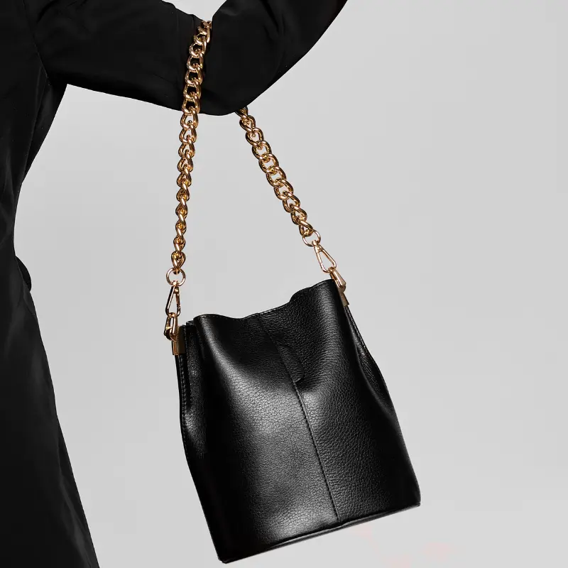 jessie black leather bucket bag on model