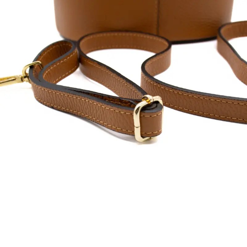 jessie camel leather bucket bag leather strap detail