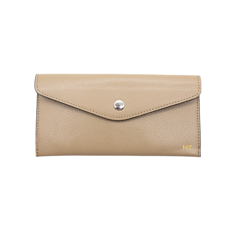 katy taupe card holder leather wallet gold personalization