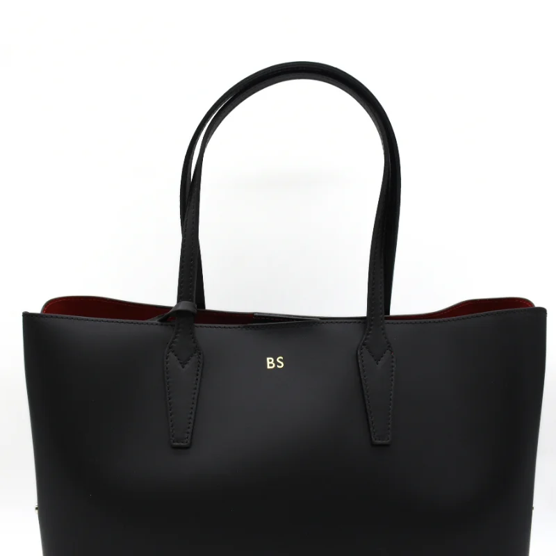 stud black leather tote bag gold personalization