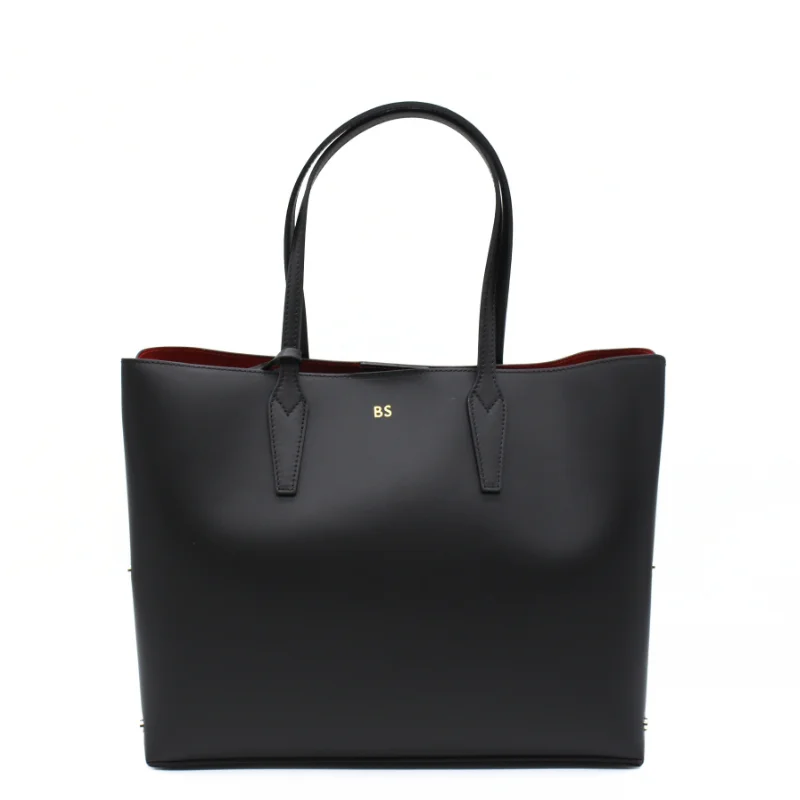 stud black leather tote bag gold personalization
