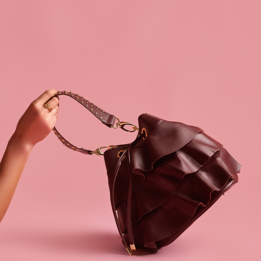 burgundy bucket leather bag