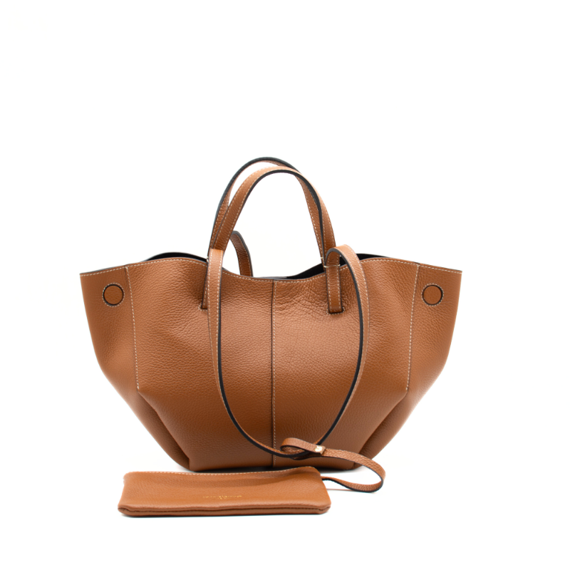 mag camel leather handbag front interior bag