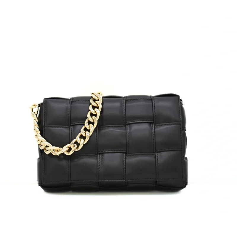 Braid Mala Tiracolo Preta em Pele alça dourada