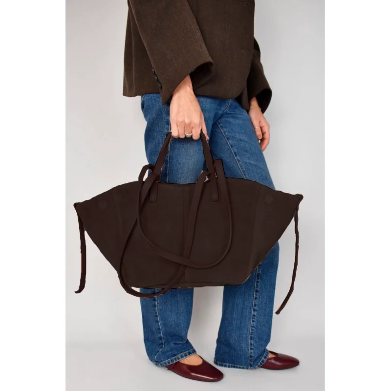 mag brown suede bag on model