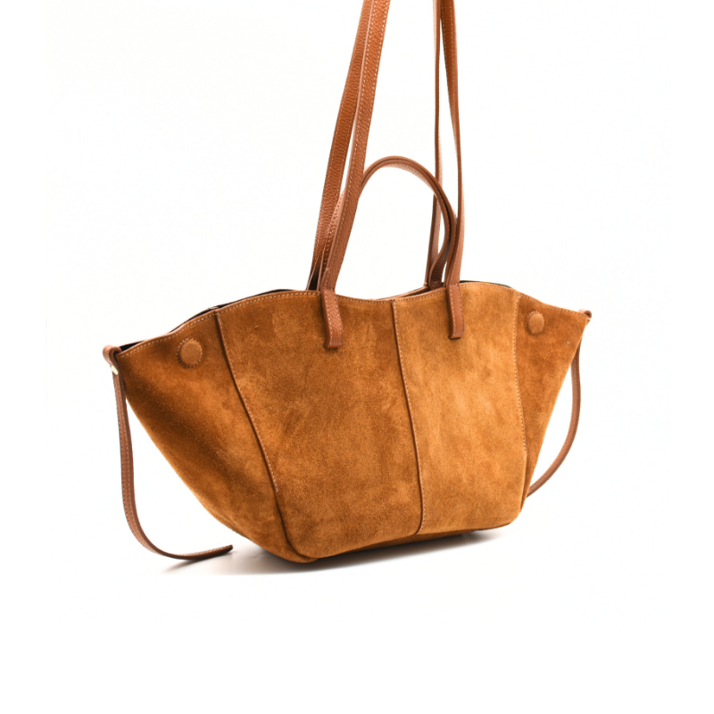 mag suede camel suede handbag side straps