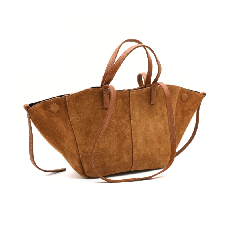 mag suede camel suede handbag side