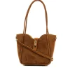 Parfait camel suede tote bag front strap