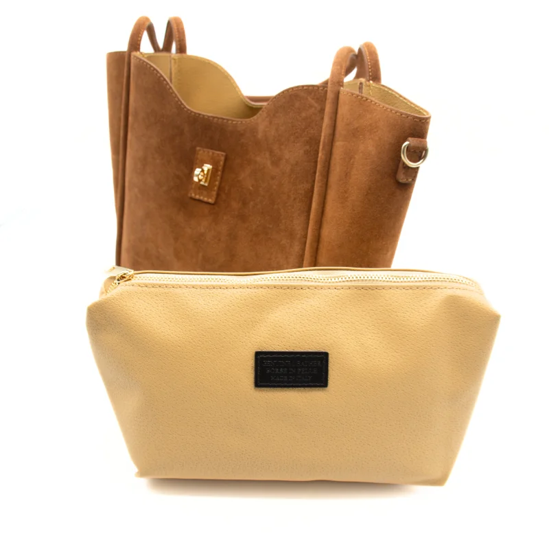 Parfait camel suede tote bag interior bag