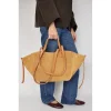 mag camel suede bag on model