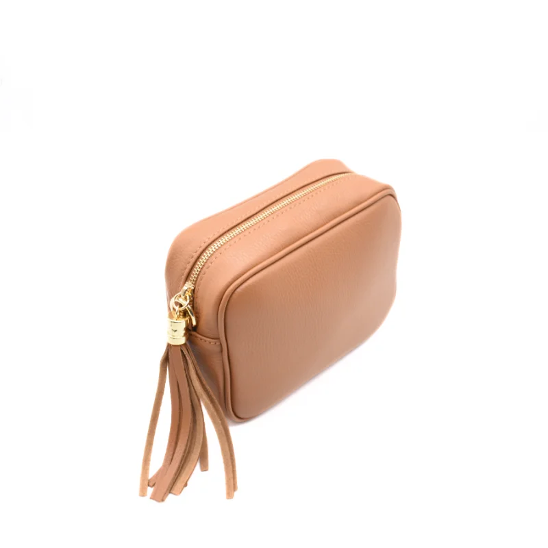 bb camel leather crossbody bag side detail bb camel leather crossbody bag side detail