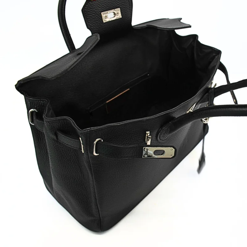 Mary black leather handbag opened Mary black leather handbag opened