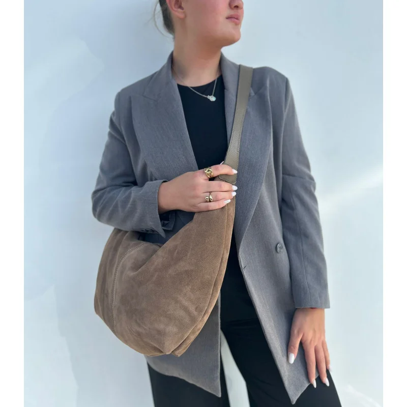 Slouchy Taupe Suede Leather Shoulder Bag on model