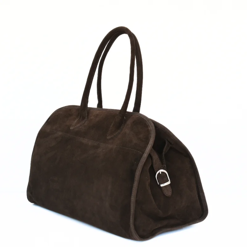 yulia dark brown suede leather handbag side