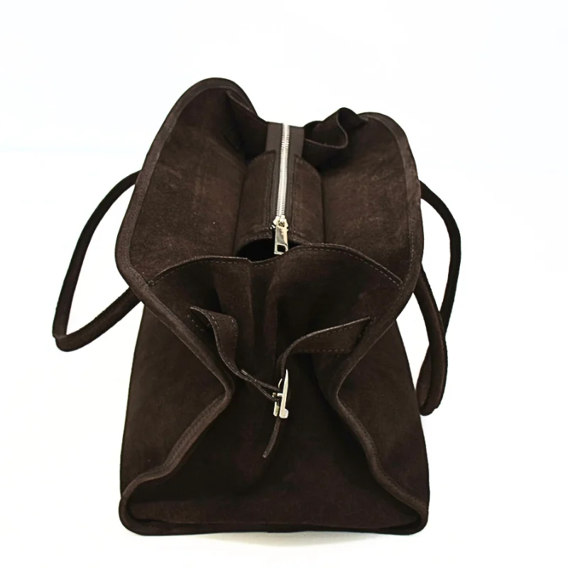 yulia dark brown suede leather handbag zipper