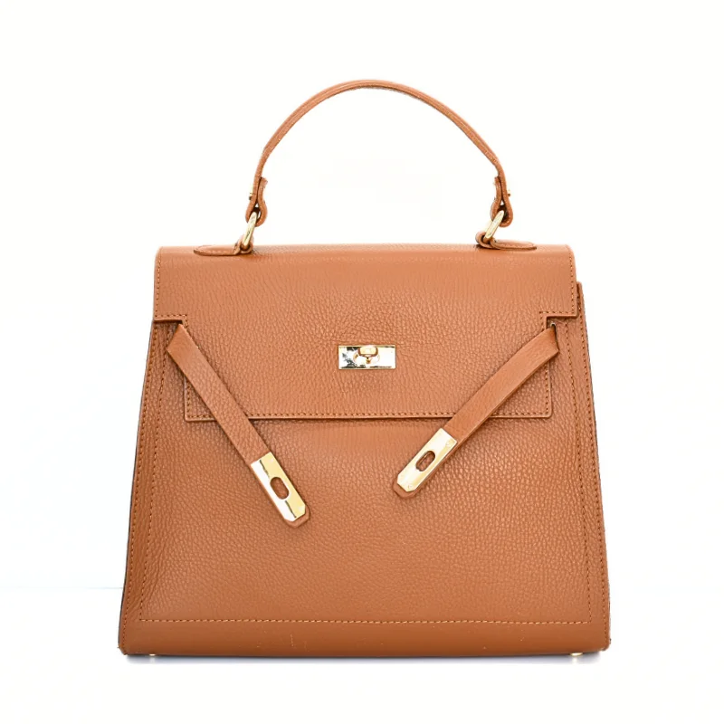 Fashionista camel leather handbag opened