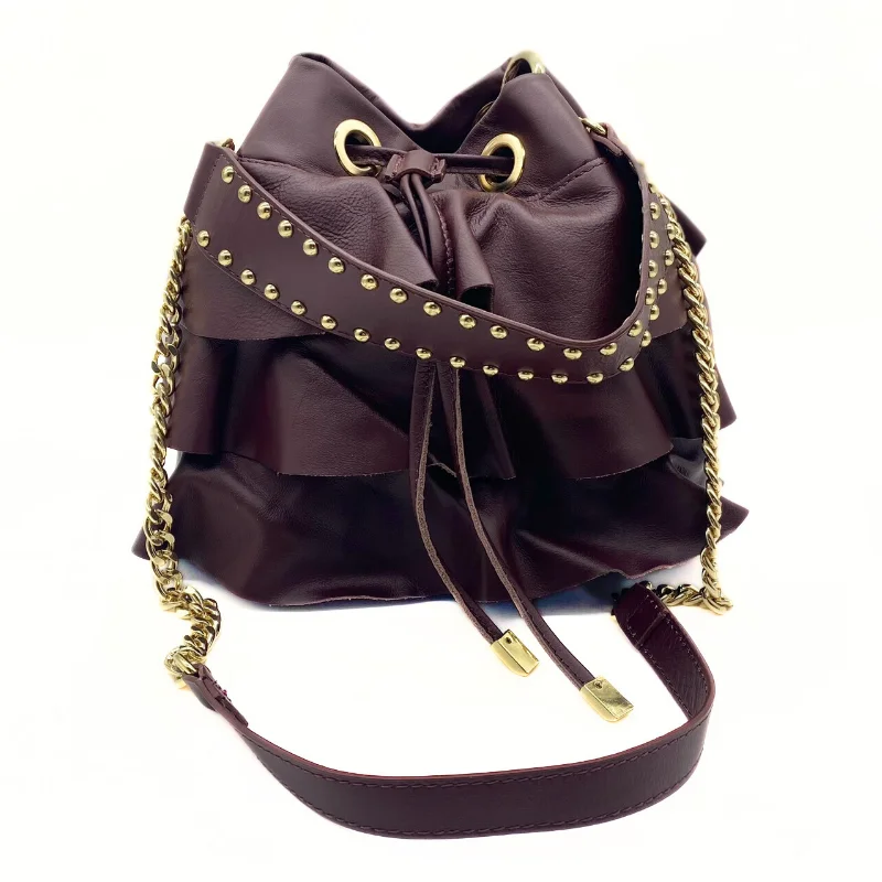 ruffle bordeaux leather bucket bag strap