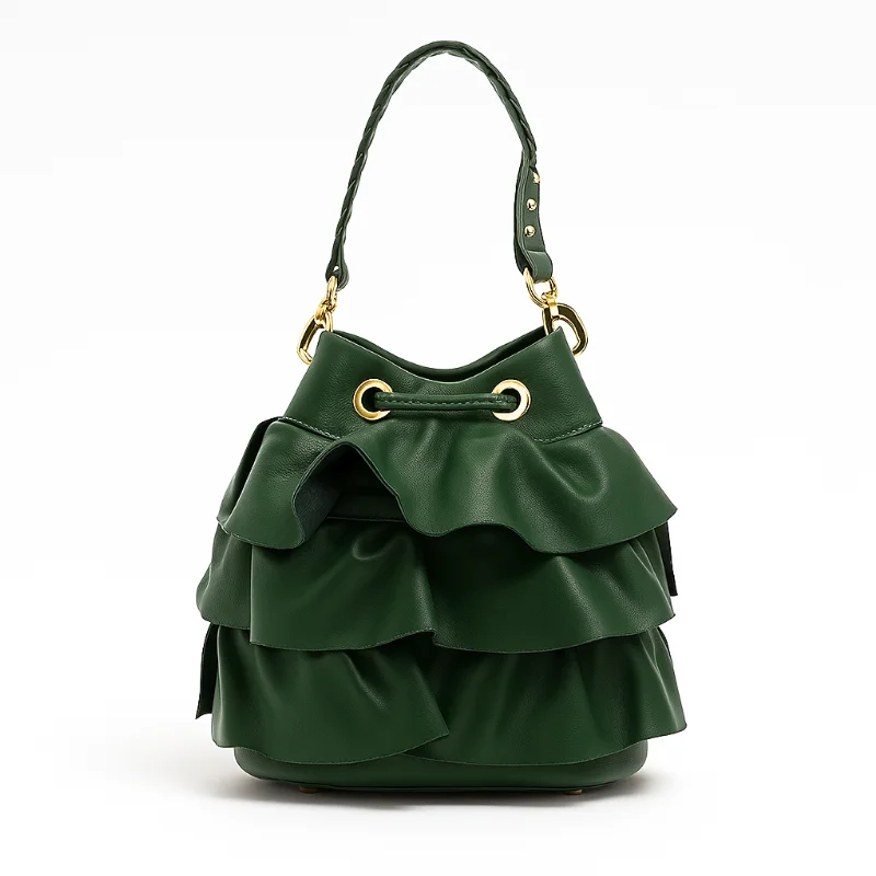 ruffle green leather bucket bag back