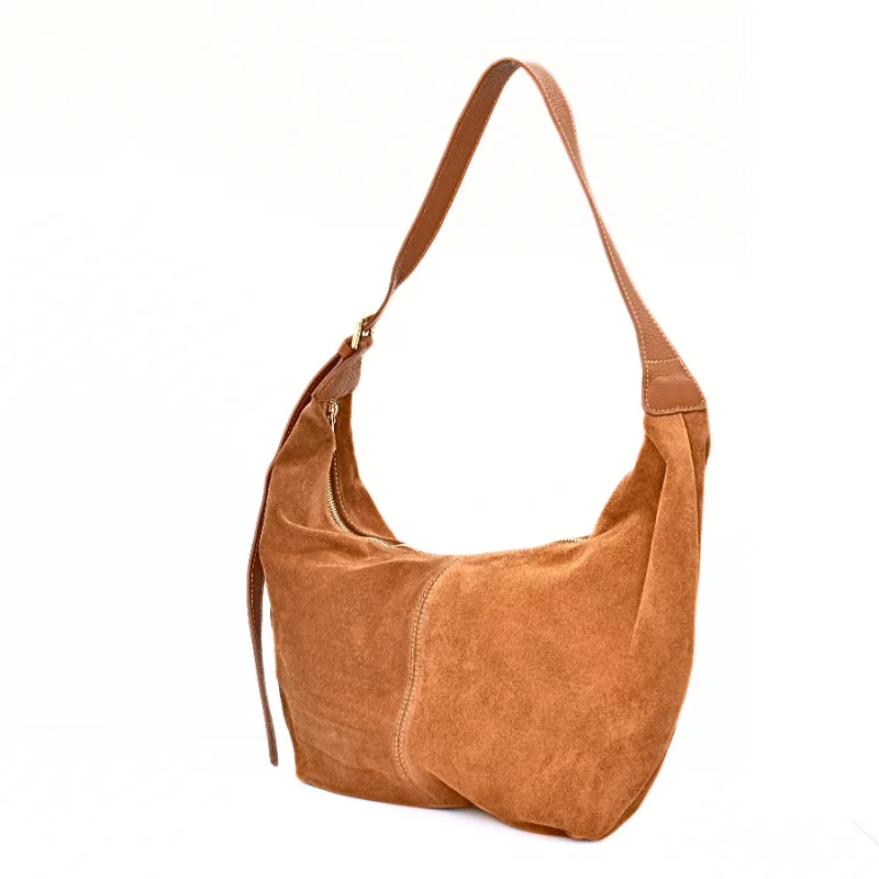 Slouchy Camel Suede Leather Shoulder Bag side right