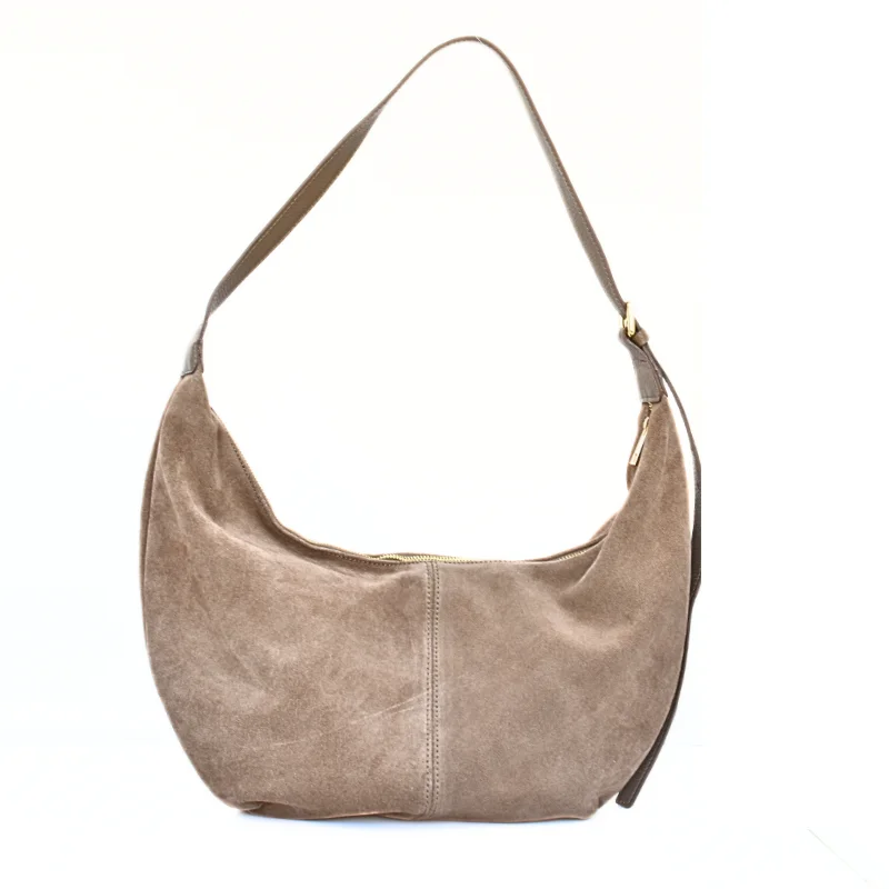 slouchy taupe suede leather handbag
