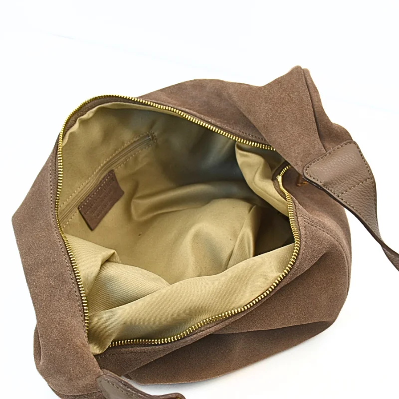slouchy taupe suede leather handbag interior