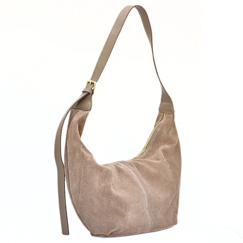 slouchy taupe suede leather handbag side