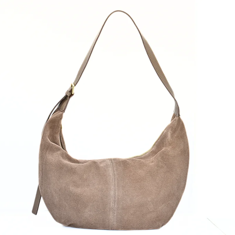 slouchy taupe suede leather shoulder bag