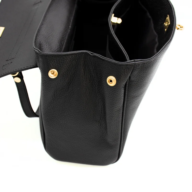 tulip black leather handbag close details