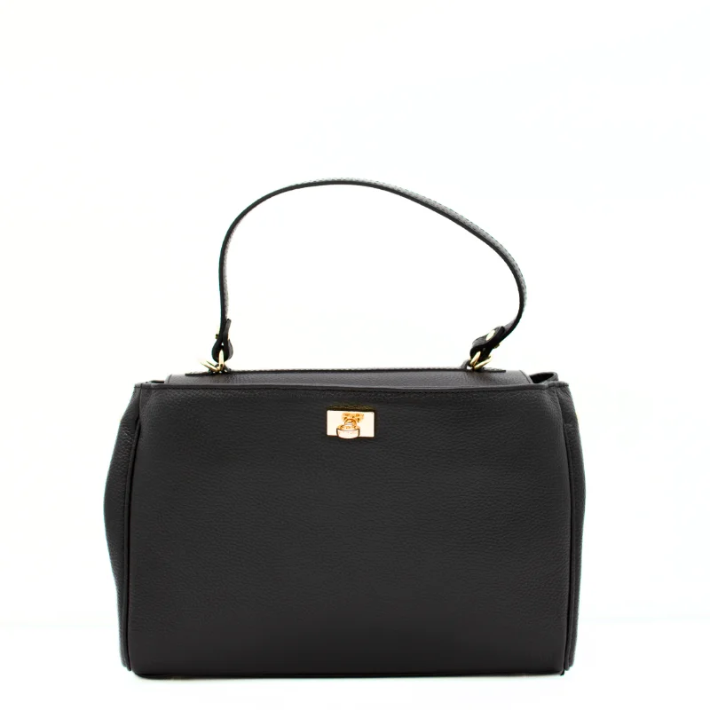tulip black leather handbag front opened