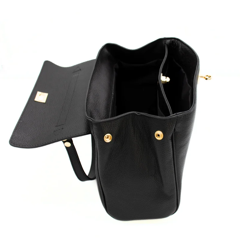 tulip black leather handbag opened