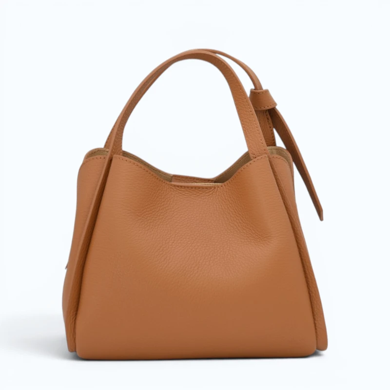 bruna camel leather handbag back