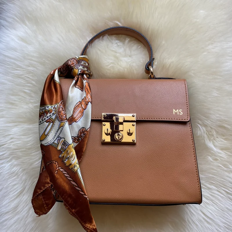 diva camel leather handbag personalised