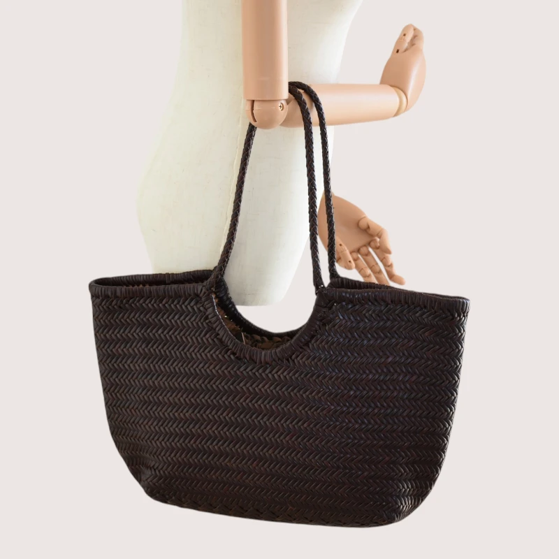 Summer Brown Leather Tote Bag on hand