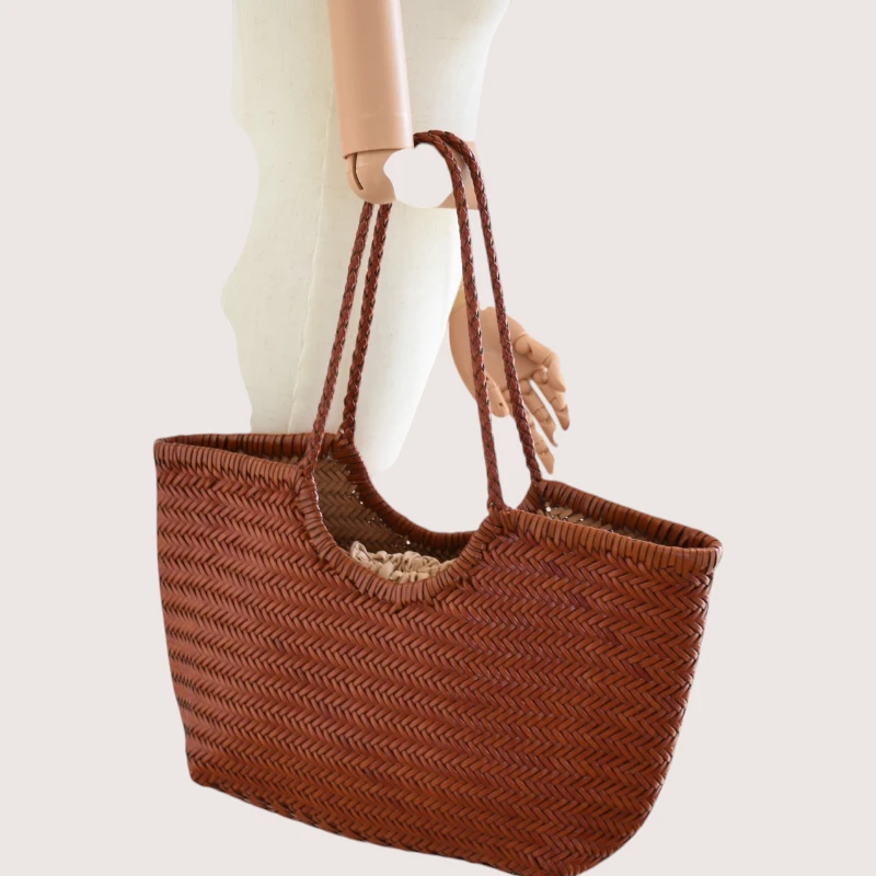 summer camel leather tote bag on hand