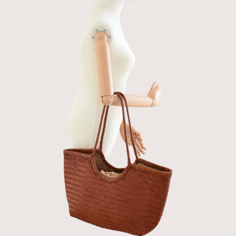 summer camel leather tote bag on model