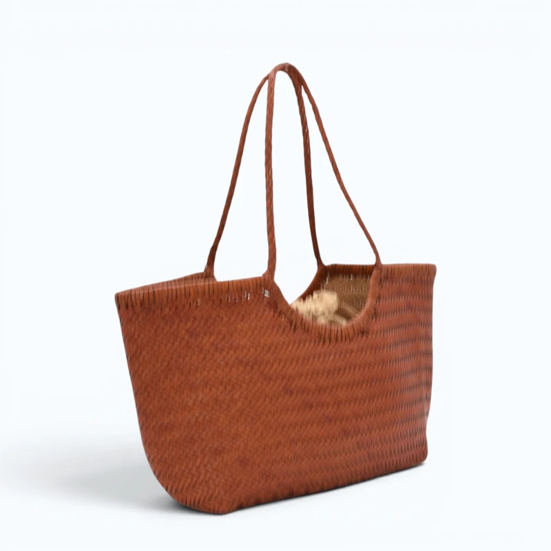 summer camel leather tote bag side left