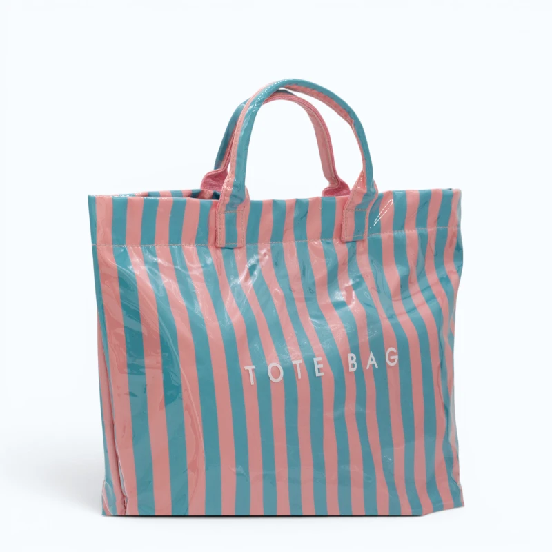 blue-and-pink-striped-beach-bag-side blue and pink striped waterproof tote bag side