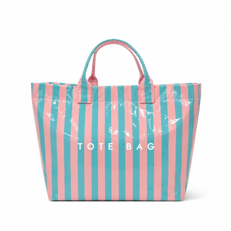 blue-and-pink-striped-beach-bag-white blue and pink striped waterproof tote bag