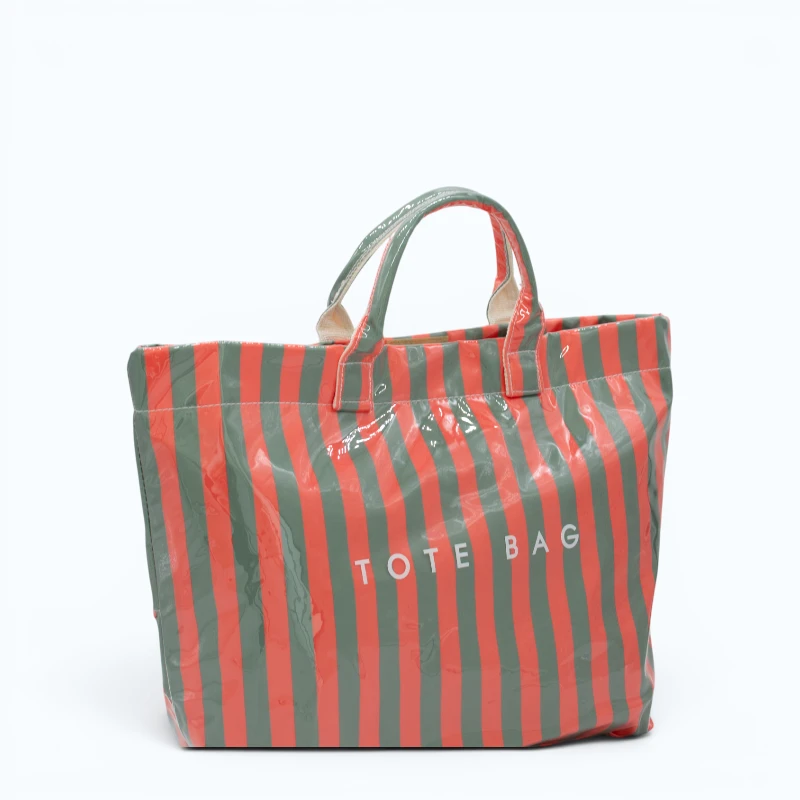 green-and-orange-striped-beach-bag-side green and orange striped waterproof tote bag side