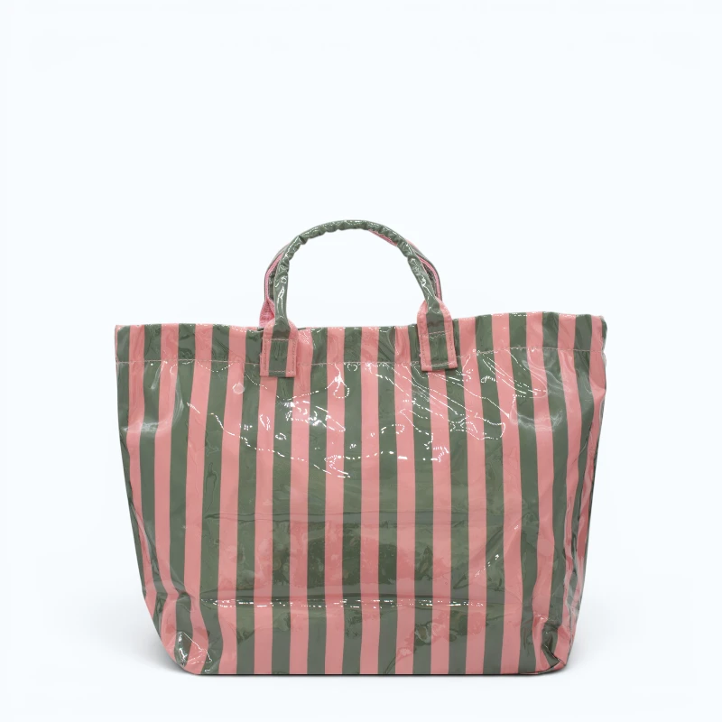 green-and-pink-striped-beach-bag-back green and pink striped waterproof tote bag back