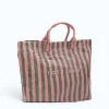 green-and-pink-striped-beach-bag-side green and pink striped waterproof tote bag side