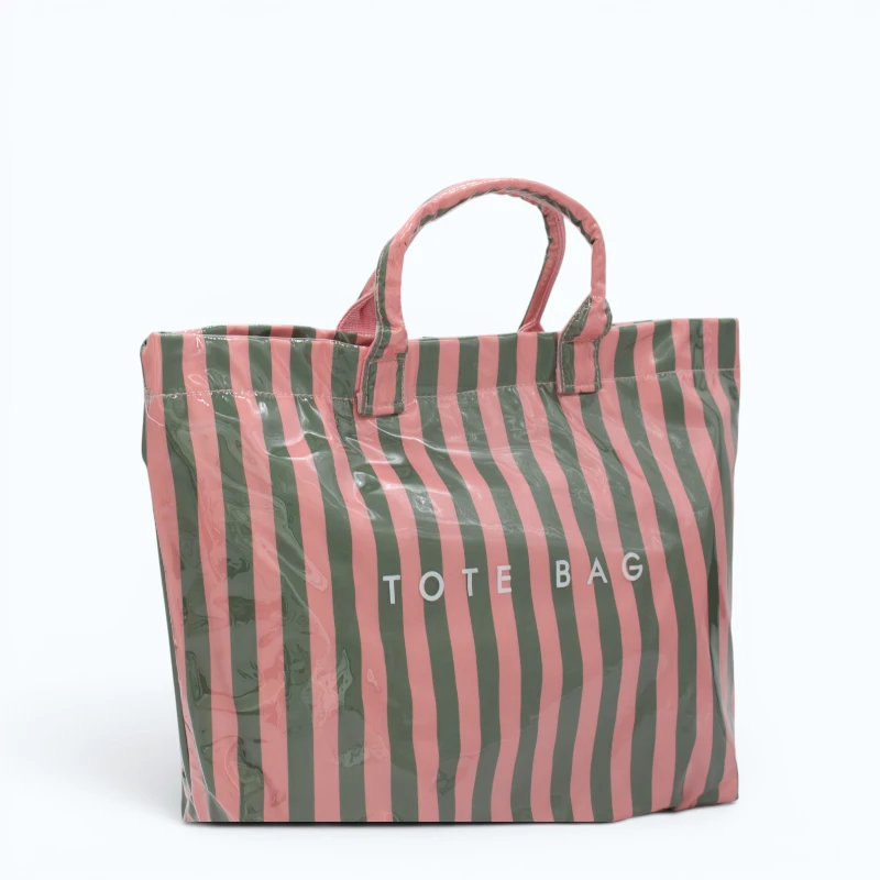 green-and-pink-striped-beach-bag-side green and pink striped waterproof tote bag side