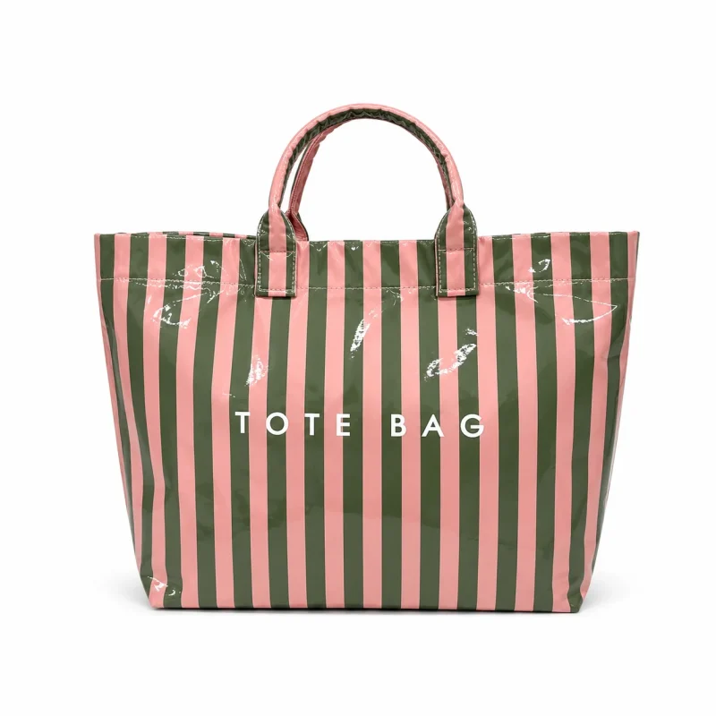 green-and-pink-striped-beach-bag-white green and pink striped waterproof tote bag
