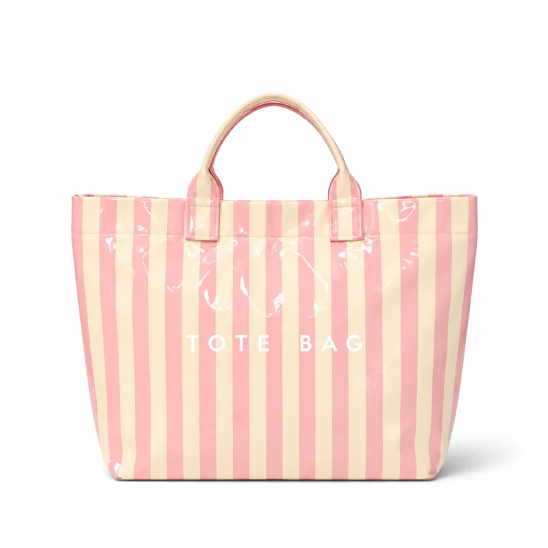 pink-and-beige-striped-beach-bag-white pink and beige striped waterproof tote bag