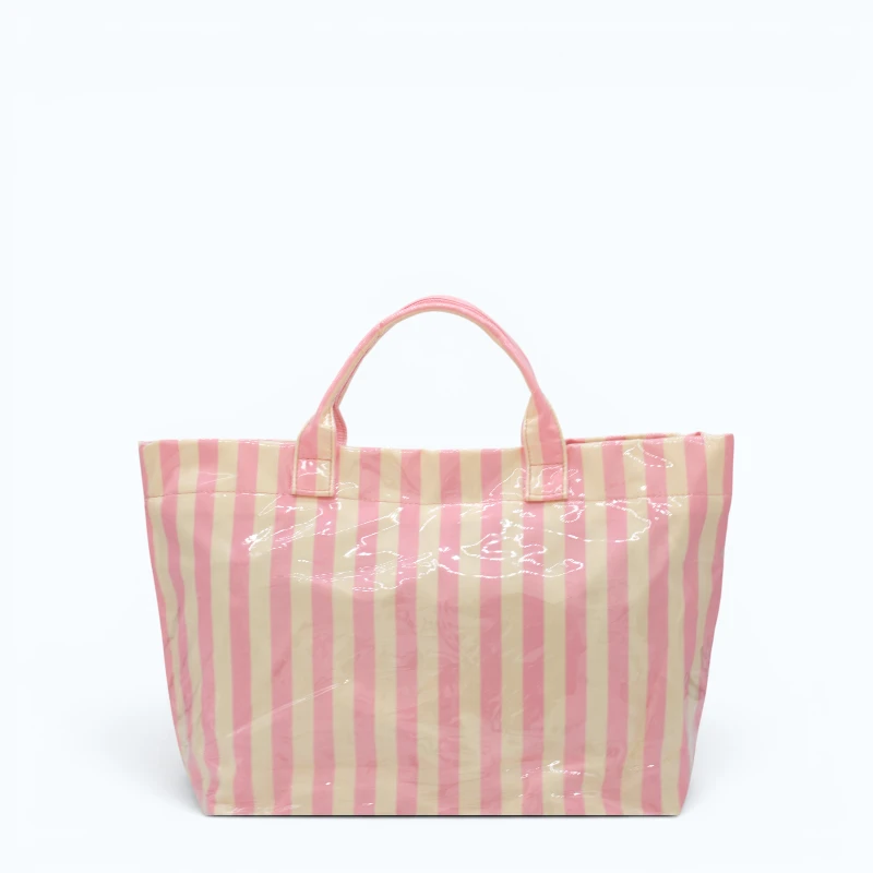 pink-beige-striped-beach-bag-back pink and beige striped waterproof tote bag back