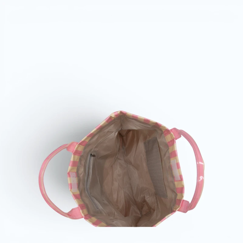 pink-beige-striped-beach-bag-interior pink and beige striped waterproof tote bag interior