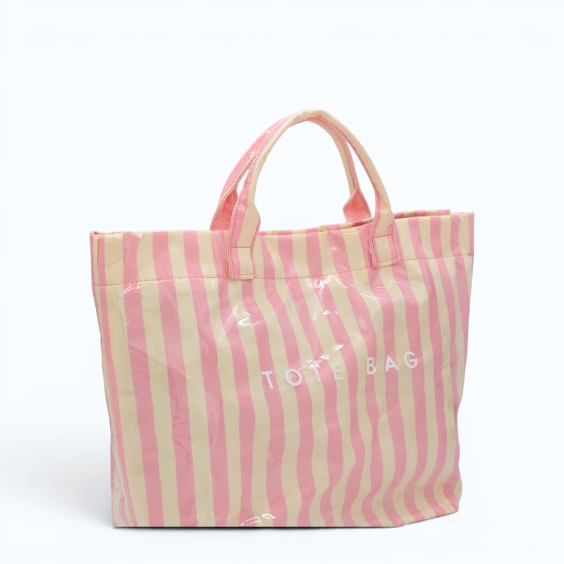 pink-beige-striped-beach-bag-side pink and beige striped waterproof tote bag side