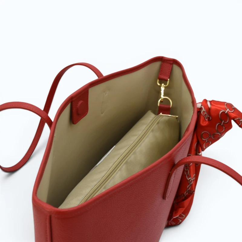 red leather tote bag interior details