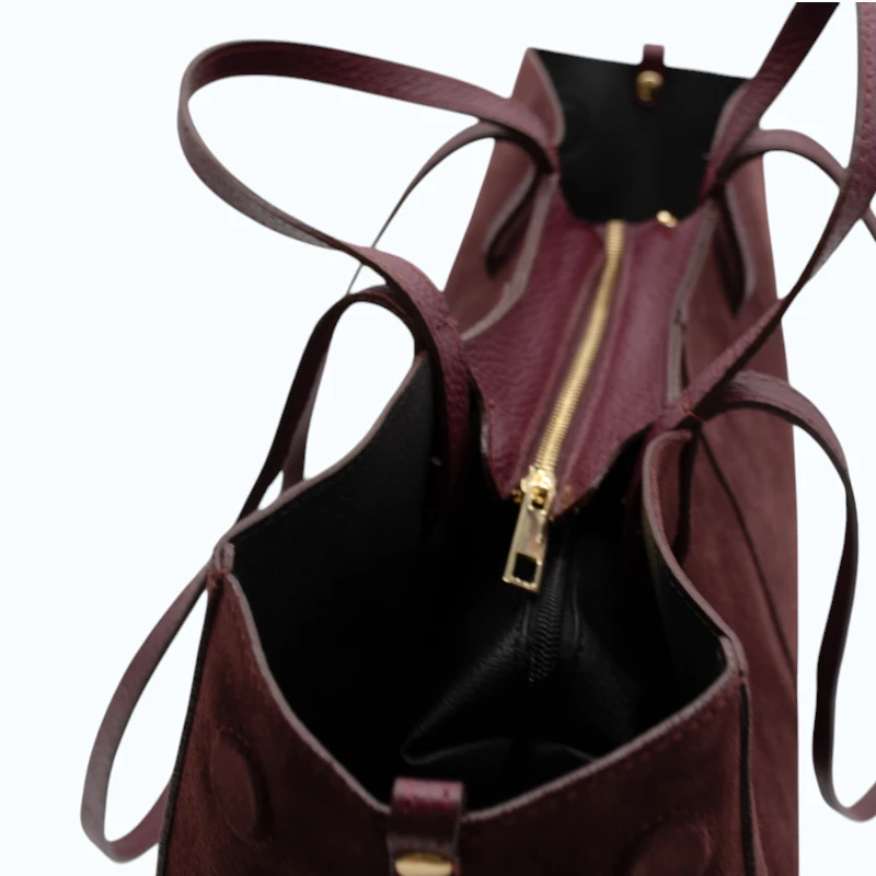 mag l bordeaux suede leather handbag details zipper